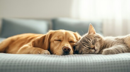Dog and cat napping side by side in a sunbeam, peaceful and relaxed, soft lighting, warm and cozy home scene