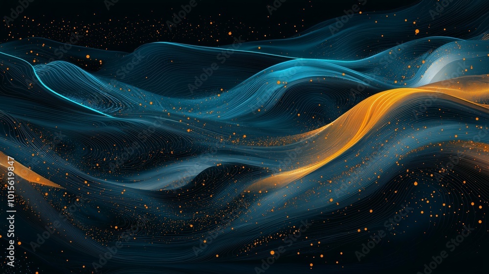 Poster glowing abstract waves with particles and patterns