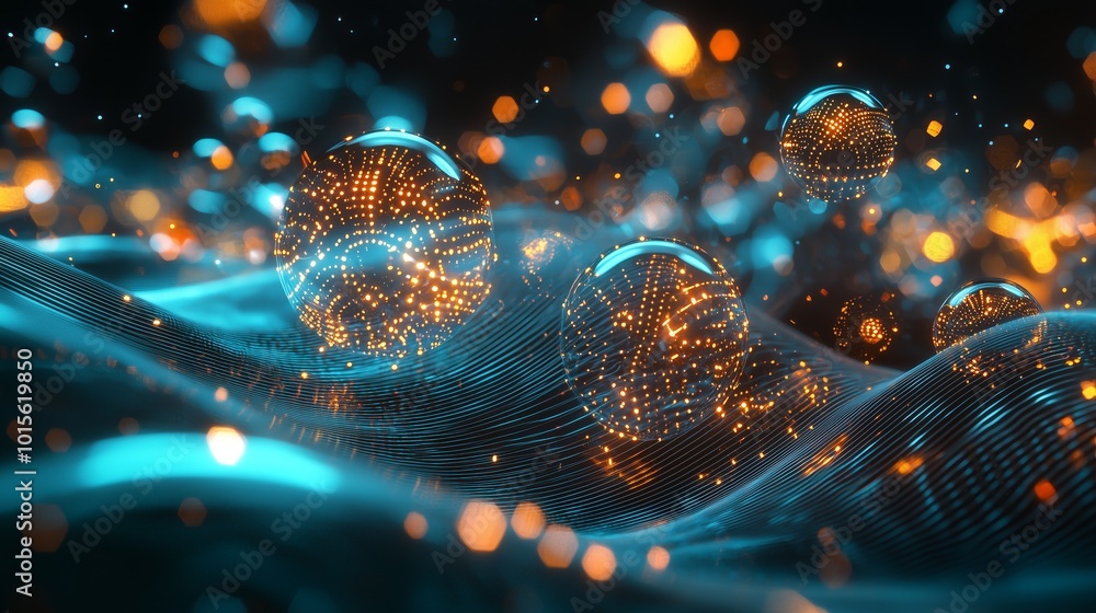 Poster glowing orbs on wave abstract flowing data background