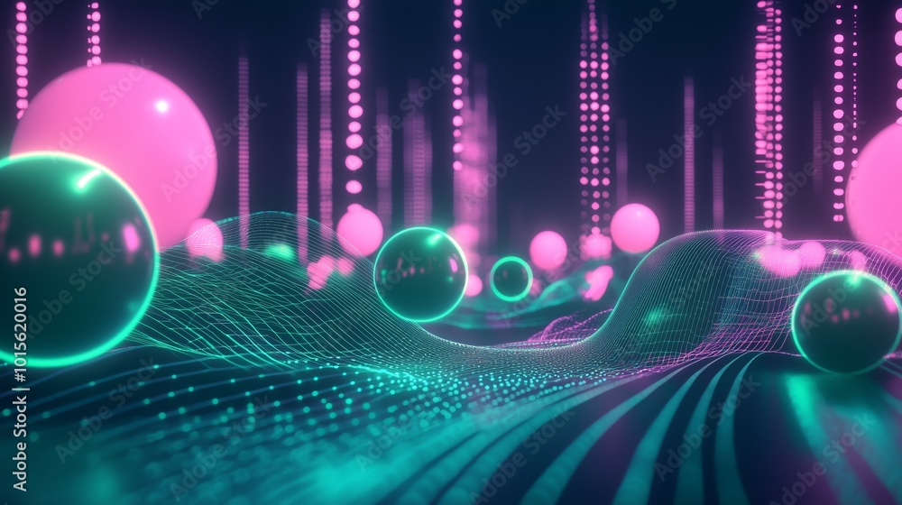 Poster glowing orbs in abstract data flow visualization