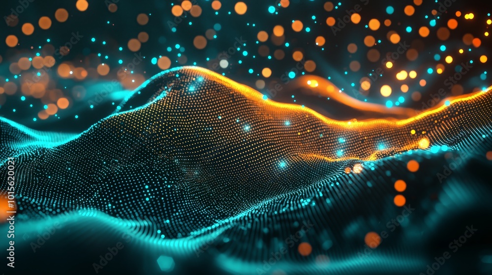 Poster glowing abstract wave pattern with data particles