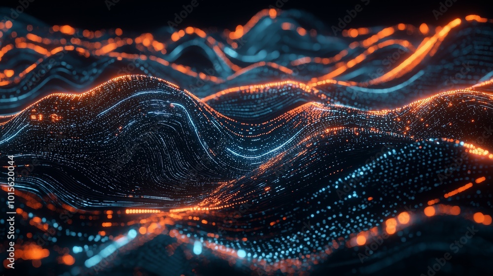 Poster glowing data streams in intricate wave patterns