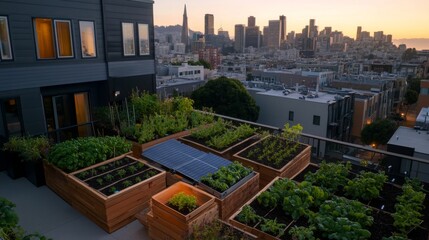 Obraz premium A stunning urban rooftop showcases sustainable living with solar panels and vibrant vegetable gardens, framed by a captivating city skyline at sunset