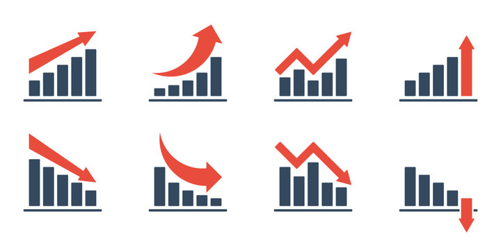 bar chart with falling and rising trend and red arrow, negative or positive dynamic concept, different vector icons, market or economical indicators