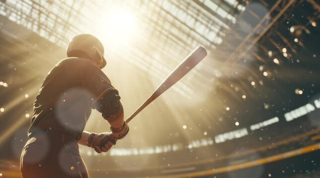 silhouette of a person on a baseball field and playing baseball. Highly ant virtual 4K video animation background with looping time lapse with very smooth graphics.