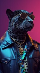 Stylish Panther in Vintage 90s Fashion with Leather Jacket