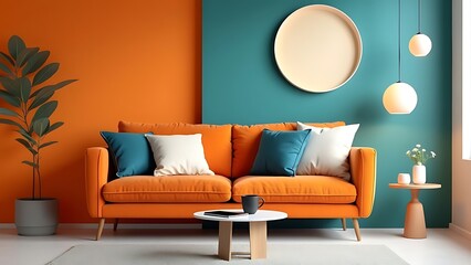 Terra cotta sofa against orange and turquoise paneling wall. Minimalist interior design of modern living room.