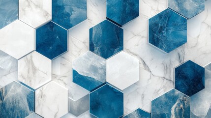 A modern, minimalist design featuring an array of blue and white hexagons with transparent glass-like textures, creating the illusion that they float above each other on top of marble surfaces.
