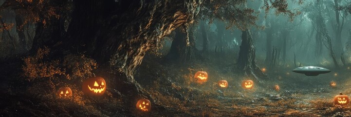 A mysterious forest scene with glowing pumpkins, a cauldron, and eerie lighting, perfect for Halloween-themed visuals.
