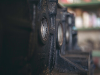 Heavy screw grungy rusted wrenches dirty screwdriver object. Industrial hardware set. Mechanic tools engineering equipment car auto repair shop with copy space. Blurred background mechanical service