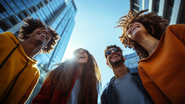 A low-angle shot of a group of friends hanging out in a city square, laughing and moving around energetically