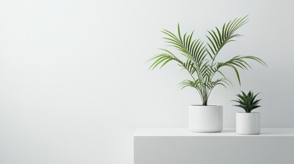 Fototapeta premium Two potted plants on a white shelf against a white wall