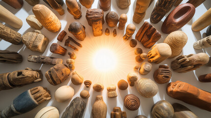 A close-up of diverse cultural artifacts arranged in a circle. v2