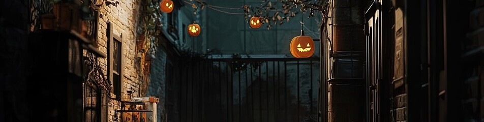 A whimsical alley adorned with pumpkin lanterns, featuring a curious cat under a mystical night sky, perfect for Halloween themes.