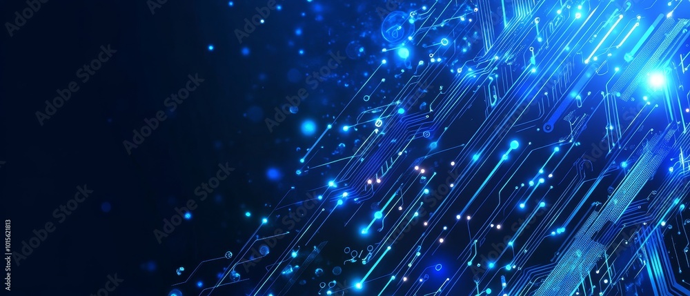 Wall mural blue background with glowing digital circuit lines vector presentation design, a 