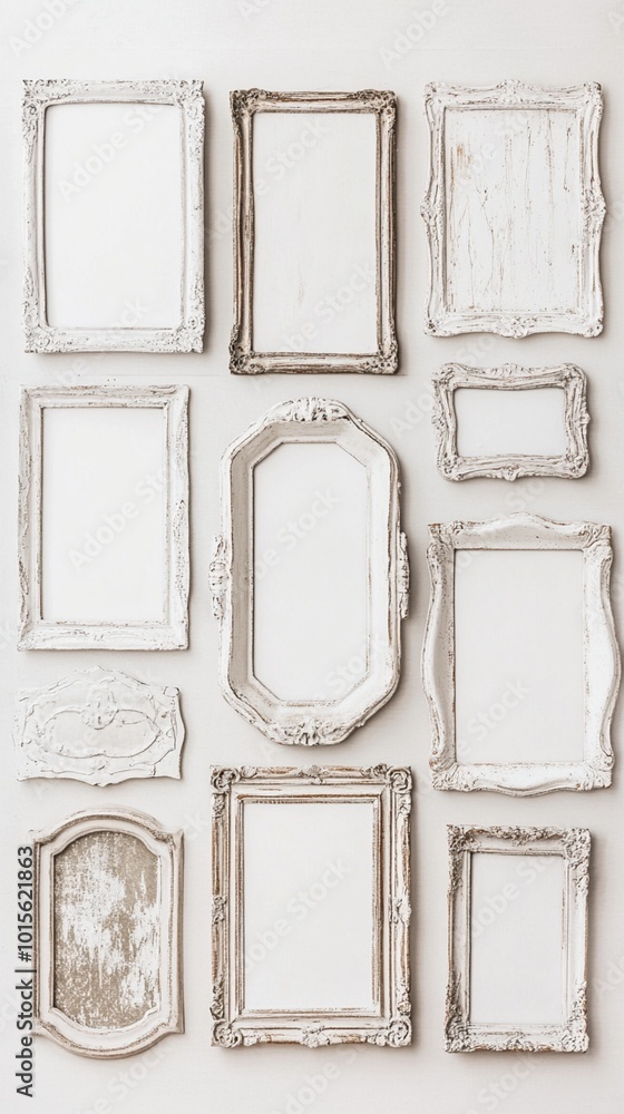 Poster elegant collection of vintage white and beige picture frames arranged on a blank wall, creating a sh