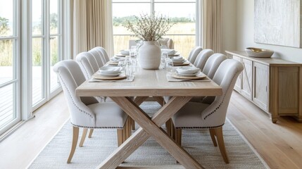 A spacious dining room features a long wooden table elegantly set for a meal, surrounded by plush white chairs. Natural light floods in through large windows, highlighting serene decor.