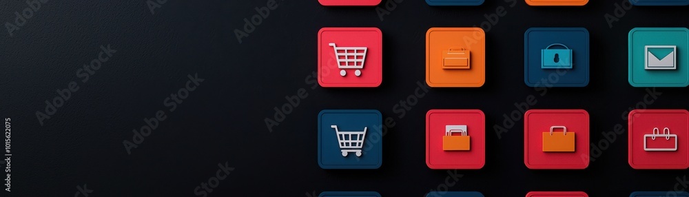 Poster colorful app icons set on a dark background for digital interface design.
