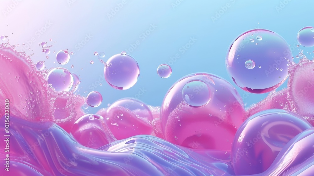 Poster a mesmerizing 3d render showcasing transparent purple bubbles floating in a wavy pink liquid. the sm