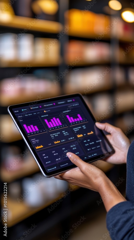Poster person analyzing data on tablet in a modern workspace.