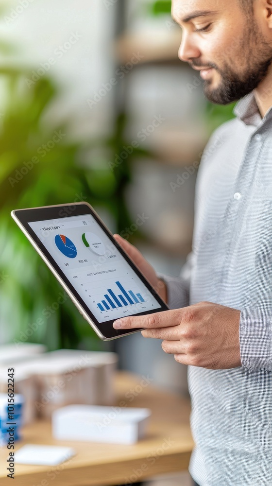 Poster professional man analyzing data on tablet in modern workspace.