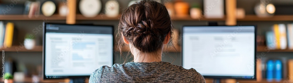 Poster person working on two computers in a modern office setting.