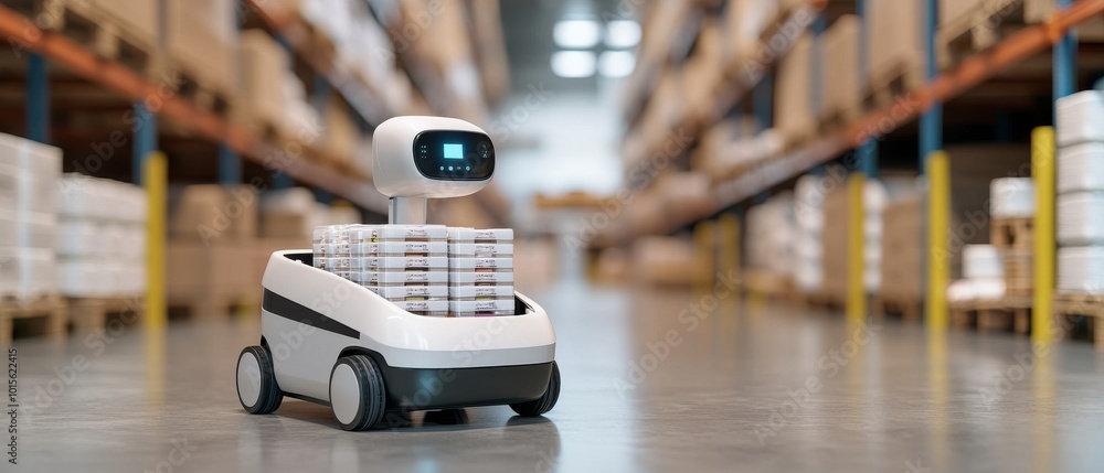 Poster automated robot transporting goods in a modern warehouse setting.