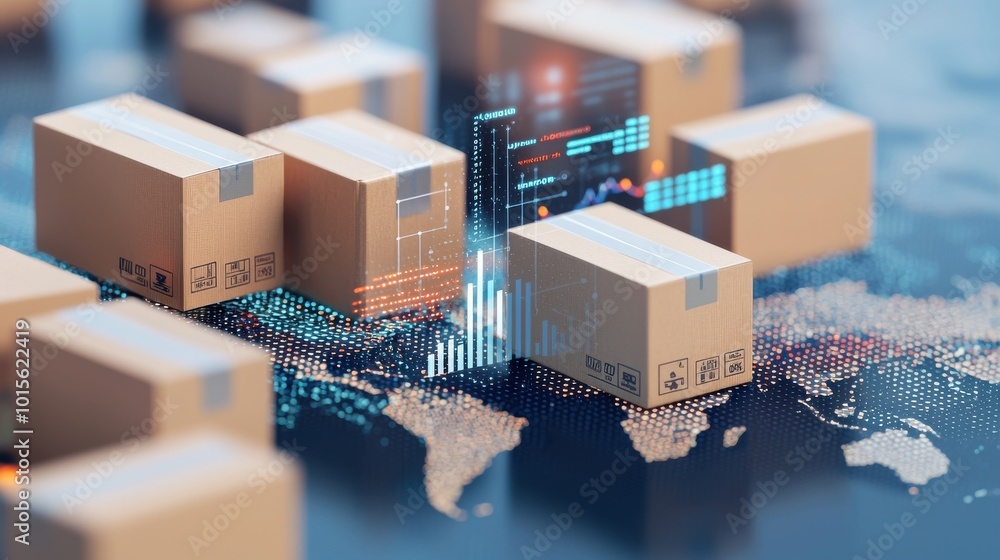 Poster cardboard boxes on a digital map with data graphs, representing logistics and shipping.