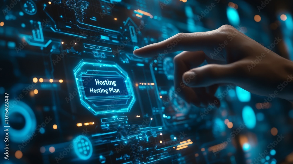 Poster a hand reaches out to select a 'hosting plan' button on a futuristic digital interface.