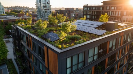 An expansive rooftop garden filled with greenery and solar panels contrasts with towering high-rise buildings, showcasing eco-friendly urban living