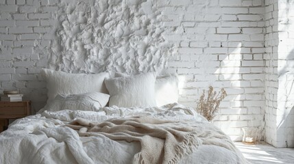 A white bed with white linens and a beige throw blanket is positioned against a white brick wall. Sunlight streams in through a window, illuminating the room