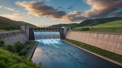 Rendering of a small hydroelectric power station on a mountain river with clear water and green hills around
