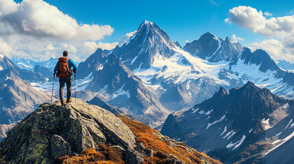 A hiker crossing a mountain ridge with panoramic views of snow-covered peaks in the distance.