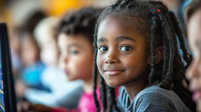 Diverse Group of Children Engaged in Coding Class