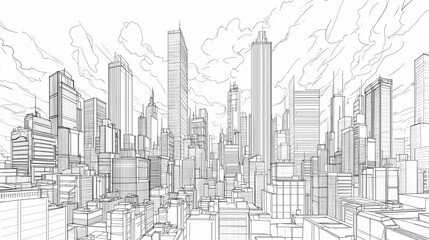 Fototapeta premium Minimalist Cityscape with Towering Skyscrapers in Line Drawing