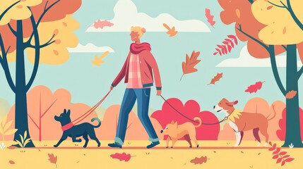 Fototapeta premium Graphic of a pet owner walking dogs in the park flat design front view pet care theme cartoon drawing Complementary Color Scheme