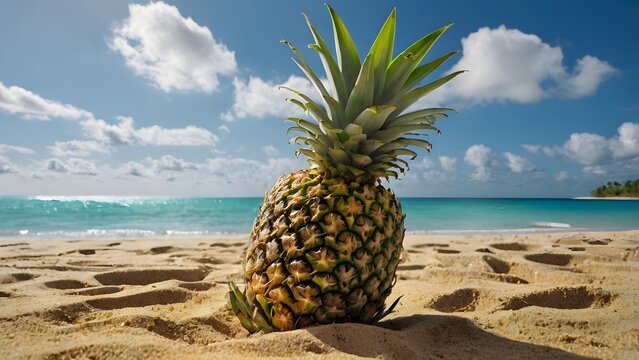 Fresh Pineapple on a Beautiful Beach Landscape ,Tropical Fruit Scene with Golden Sand, Blue Ocean, and Summer Vibes for Vacation, Travel, and Nature-Themed Photography