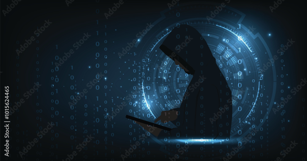 Poster cybercrime concept. the man in a hood is standing and hacking with the ipad on a dark blue backgroun