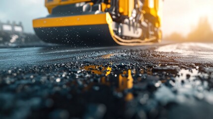 Close-up of a yellow roller compactor on a wet asphalt surface during construction.
