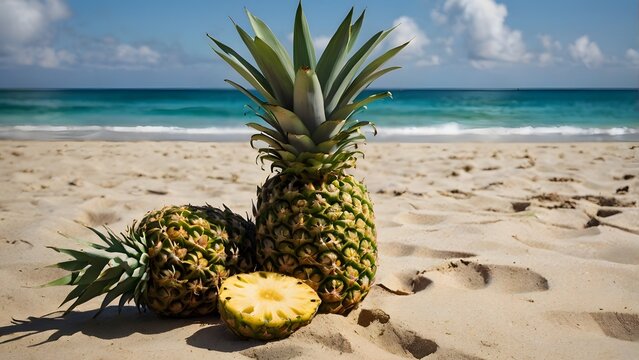 Fresh Pineapple on a Beautiful Beach Landscape ,Tropical Fruit Scene with Golden Sand, Blue Ocean, and Summer Vibes for Vacation, Travel, and Nature-Themed Photography