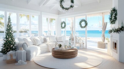 Coastal holiday living room with beach view and festive decor