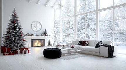 Cozy winter living room with Christmas decor and snowy view