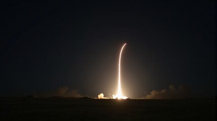 Night-time missile launch scene, with a ground-based anti-aircraft missile lighting up the dark sky, leaving a glowing trail behind as it ascends.