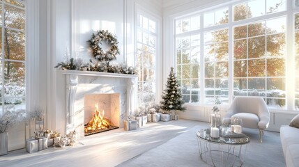 Cozy winter living room with festive decorations and fireplace