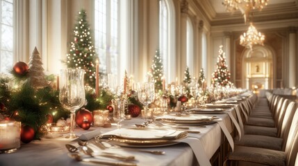 Elegant holiday dining setup in a grand ballroom