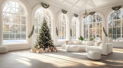 Elegant winter living room with Christmas tree and sunlight