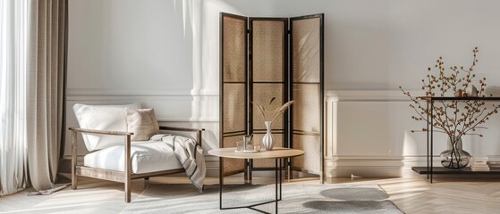 Interior of stylish room with comfortable armchair, coffee table and folding screen