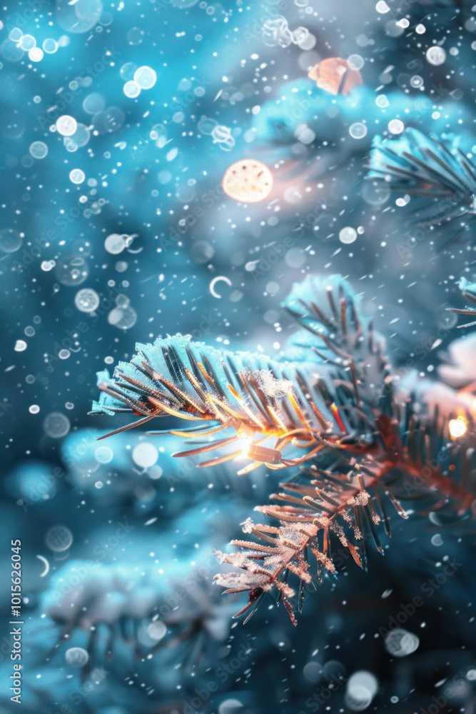 Wall mural Christmas tree branch covered in glistening snow and twinkling lights, creating a festive winter wonderland scene.