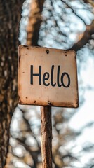 A captivating real-life photograph featuring a close-up of a sign or text saying 'Hello' in a welcoming and visually appealing manner, with a clean background and ample space for additional text