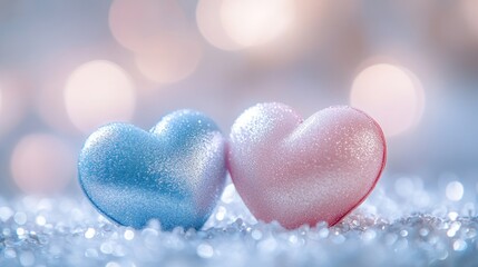 Fototapeta premium Two heart-shaped objects in blue and pink, glistening on a sparkling surface.